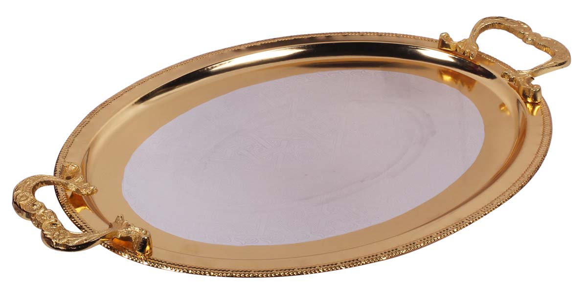 Buy in Bulk Wholesale Decorative Tray - 20” Oval Metal Golden Silver Color - Hand-Etched Serving Tray with Decorative Aluminium Handles - Home Decor/Kitchen Essentials